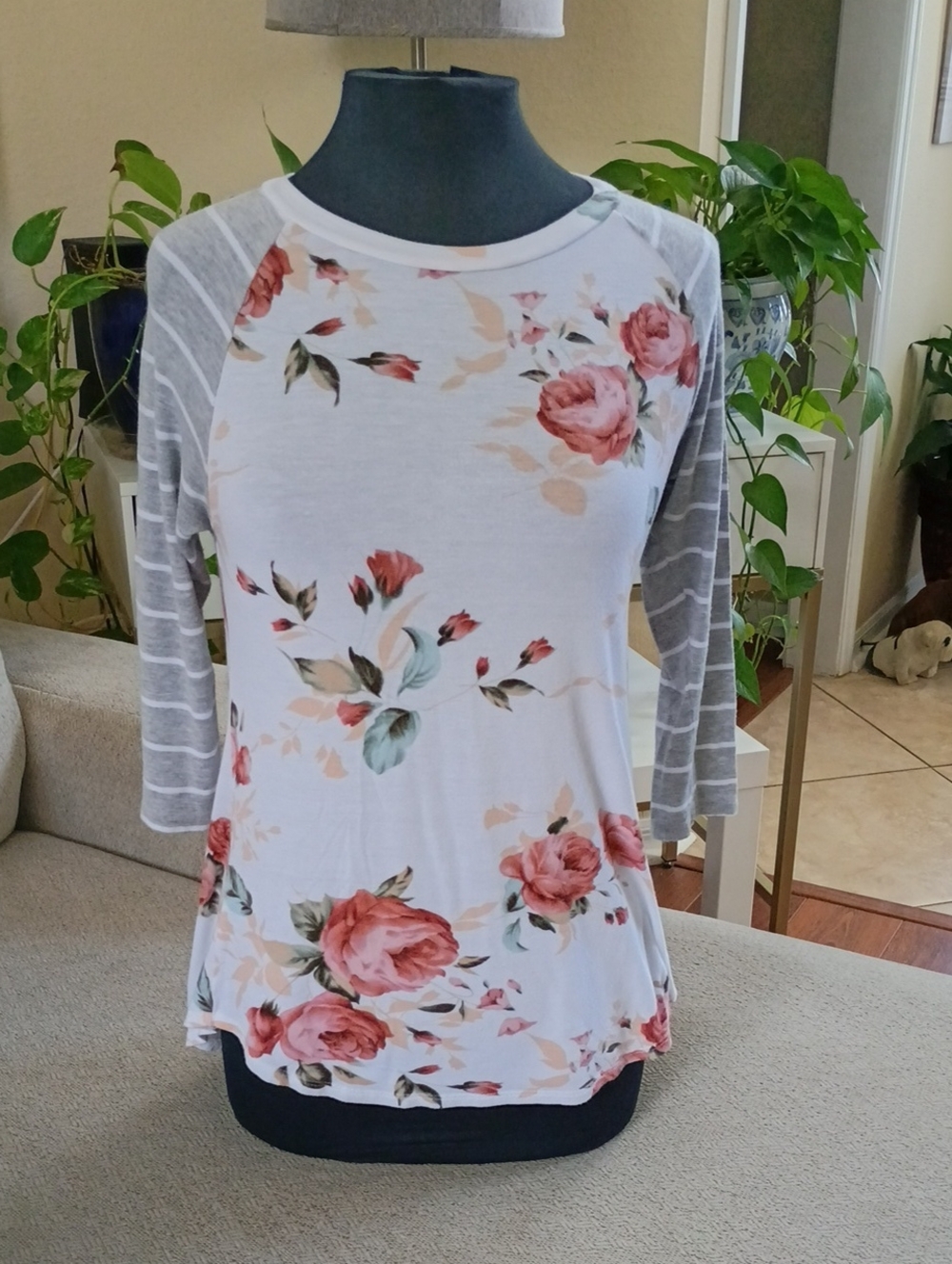 G Mini Floral Raglan Long Sleeve Tee - White with Pink Floral